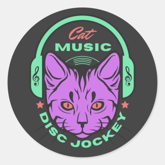 Cat Music Disk Jockey Ronde Sticker (Voorkant)