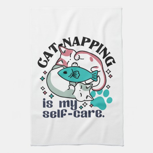 Cat-Napping is mijn zelfzorg: Schattigee slaperige Theedoek (Verticaal)