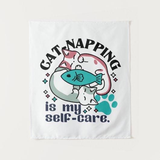 Cat-Napping is mijn zelfzorg: Schattigee slaperige Wandkleed (Voorkant)