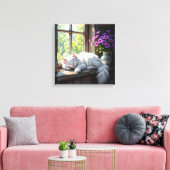 Cat Napping on the Window Sill | Purple Flowers Canvas Afdruk (Insitu (Woonkamer))