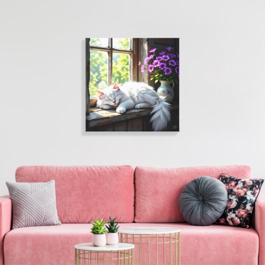 Cat Napping on the Window Sill | Purple Flowers Canvas Afdruk (Insitu (Woonkamer))