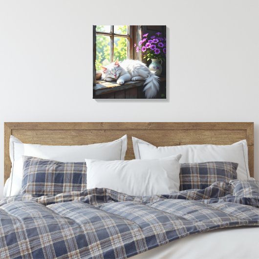 Cat Napping on the Window Sill | Purple Flowers Canvas Afdruk (Insitu (Slaapkamer))