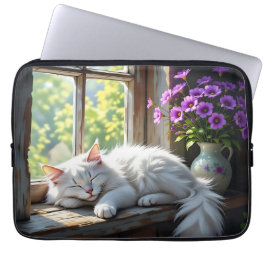 Cat Napping on the Window Sill | Purple Flowers Laptop Sleeve