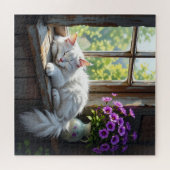 Cat Napping on the Window Sill | Purple Flowers Legpuzzel (Horizontaal)
