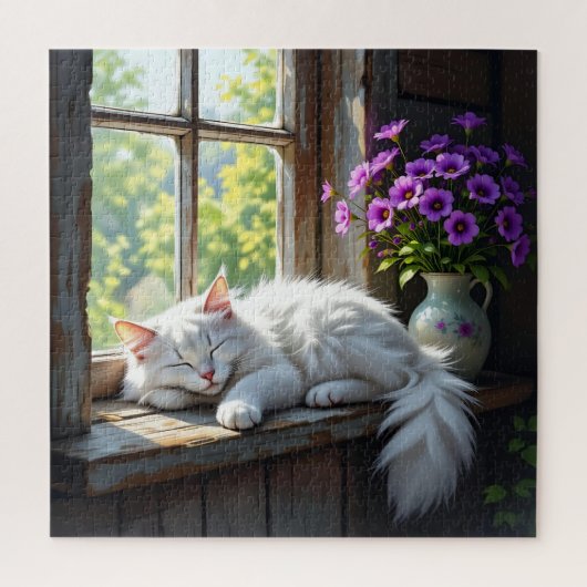 Cat Napping on the Window Sill | Purple Flowers Legpuzzel (Verticaal)