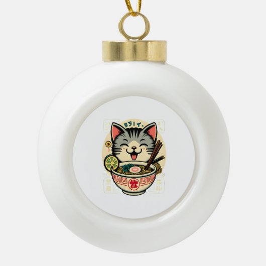 Cat Noodle Japanse Anime ga Kawaii Cat Keramische Bal Ornament (Voorkant)