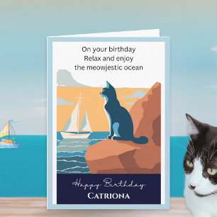 Cat Ocean Uitzicht Retro Gepersonaliseerde Gelukki Kaart