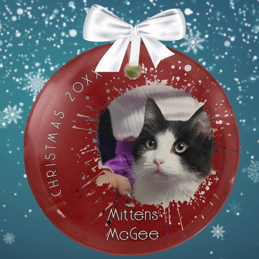 Cat on 2025 Red Splatter Pattern Christmas Glas Ornament