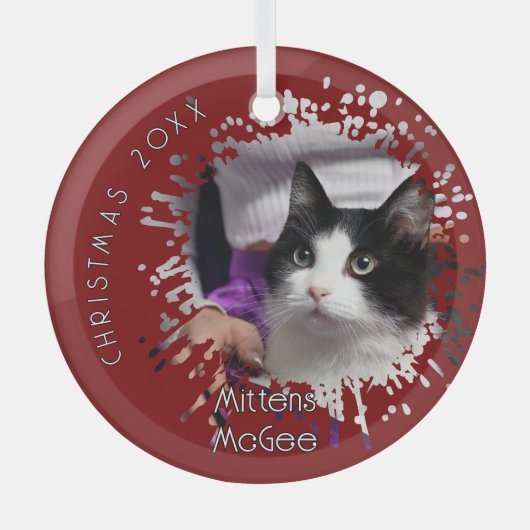 Cat on 2025 Red Splatter Pattern Christmas Glas Ornament (Voorkant)