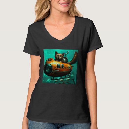 Cat on a submarine in water Unusual situation T-shirt (Voorkant)