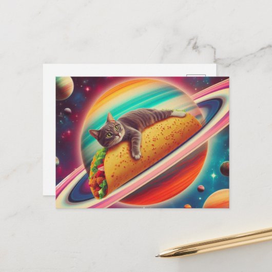 Cat on a Taco Planet Briefkaart (Voorkant / Achterkant in situ)