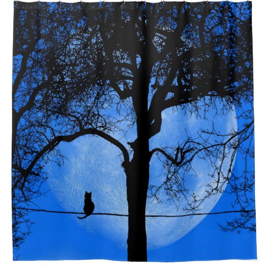 Cat on a Wire Blue Moon Douchegordijn (Voorkant)