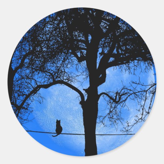 Cat on a Wire Blue Moon Ronde Sticker (Voorkant)