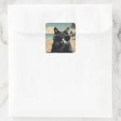 Cat on Beach - Hoogwaardig ontwerp Vierkante Sticker (Tas)