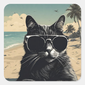 Cat on Beach - Hoogwaardig ontwerp Vierkante Sticker