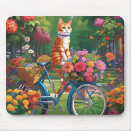 Cat on Bicycle met kleurrijke bloemen Muismat