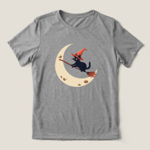 Cat on Broom Crescent Moon Schattige Halloween Tri-Blend Shirt