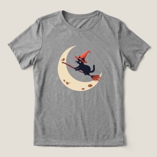  Cat on Broom Crescent Moon Schattige Halloween Tri-Blend Shirt (Design voorkant)