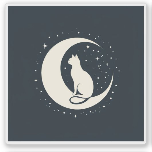 Cat on Crescent Moon Ontwerp Sticker (Voorkant)
