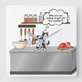 Cat on Kitchen Counter Wall Clock  Vierkante Klok