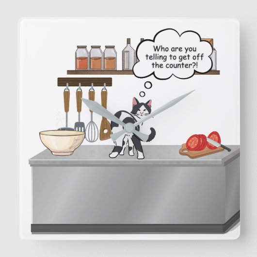 Cat on Kitchen Counter Wall Clock  Vierkante Klok (Voorkant)