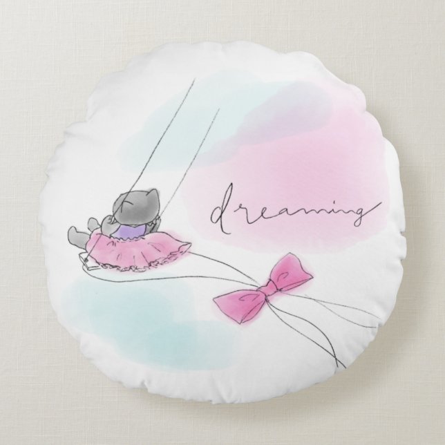 Cat on Swing Pastel Watercolor Rond Kussen (Voorkant)