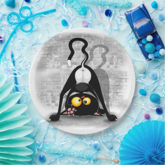 Cat ondersteboven Funny Cartoon Character Papieren Bordje (Feest)