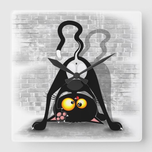 Cat ondersteboven Funny Cartoon Character Vierkante Klok (Voorkant)