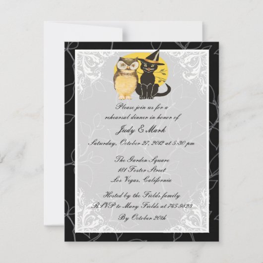 Cat & Owl Halloween repetitie Diner Uitnodiging (Voorkant)