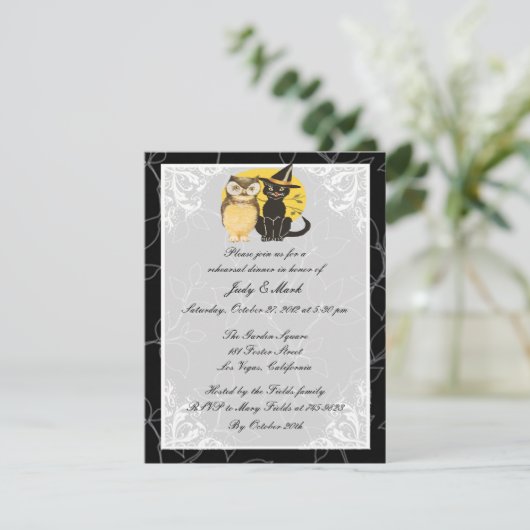Cat & Owl Halloween repetitie Diner Uitnodiging (Staand voorkant)