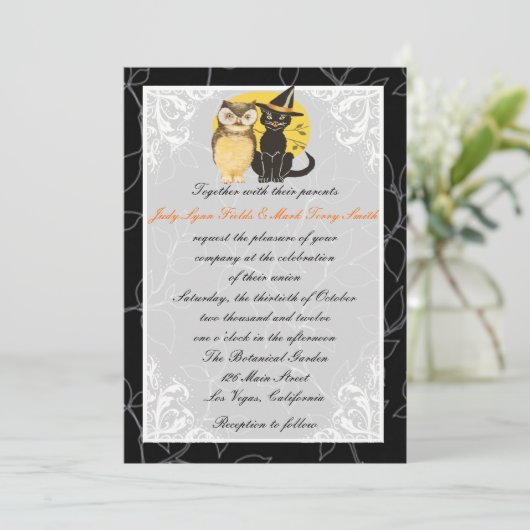 Cat & Owl Halloween Uitnodiging (Staand voorkant)