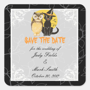 Cat & Owl Halloween Weddenschap Save the Date Stic Vierkante Sticker