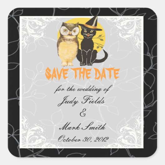Cat & Owl Halloween Weddenschap Save the Date Stic Vierkante Sticker (Voorkant)