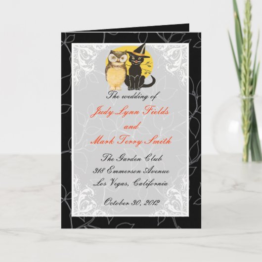 Cat & Owl Halloween Wedding Program Kaart (Voorkant)