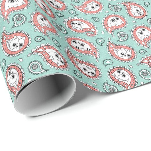 Cat Paisley - Coral and Mint Cadeaupapier (Rol Hoek)