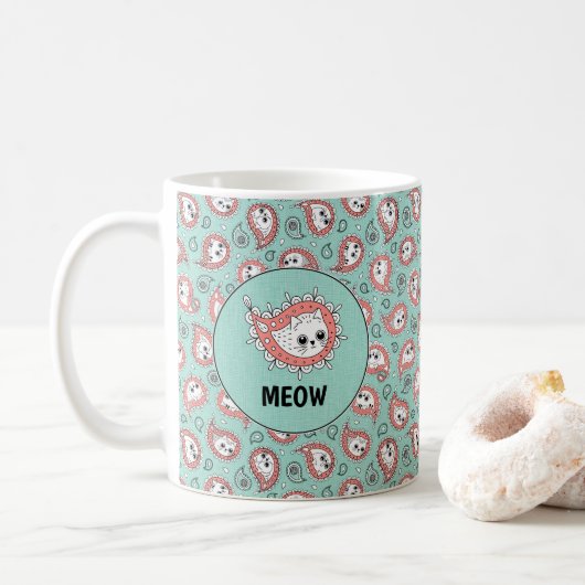 Cat Paisley - Coral and Mint Koffiemok (Met donut)