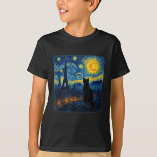 Cat Paris Eiffeltoren Sterrennacht Van Gogh Inspi T-shirt