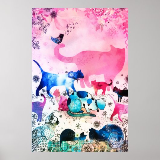 Cat Party House Glitter Art Pink Waterverf Poster (Voorkant)