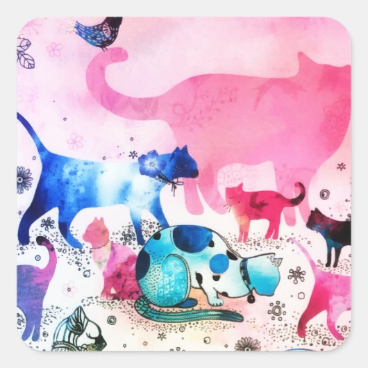 Cat Party House Glitter Art Pink Waterverf Vierkante Sticker (Voorkant)