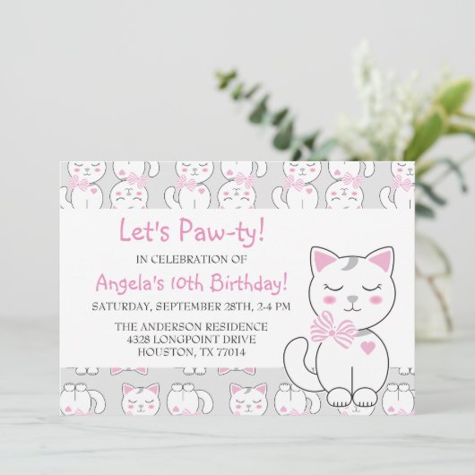 Cat Pattern Birthday Girl Invitation Kaart (Staand voorkant)