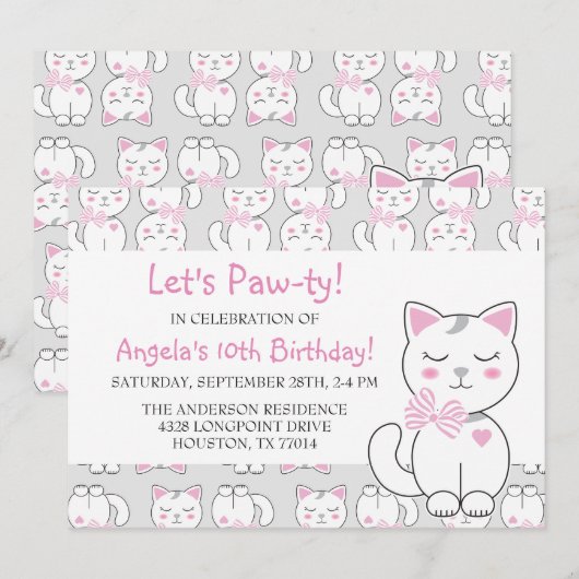 Cat Pattern Birthday Girl Invitation Kaart (Voorkant / Achterkant)