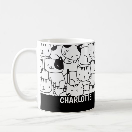 Cat Pattern Zwart-wit Schattige Gepersonaliseerd Koffiemok (Links)