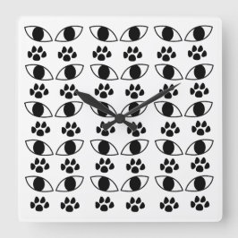 Cat Paw Print Black en White Vierkante Klok