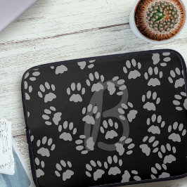 Cat Paw Print Patroon Monogrammed Zwart en Grijs Laptop Sleeve