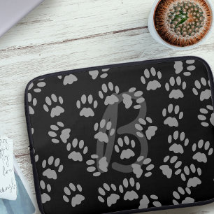 Cat Paw Print Patroon Monogrammed Zwart en Grijs Laptop Sleeve
