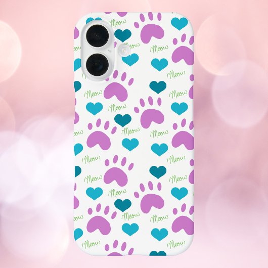 Cat Paw Prints Harten Miauw Patroon Roze Blauwgroe Case-Mate iPhone Case