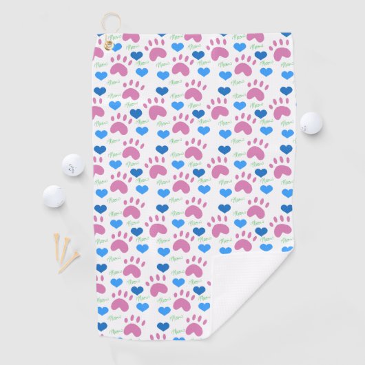 Cat Paws Hearts Hand Drawn Pattern Pink Blue Golfhanddoek (Insitu)