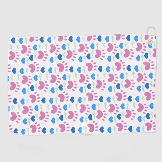 Cat Paws Hearts Hand Drawn Pattern Pink Blue Golfhanddoek (Horizontaal)
