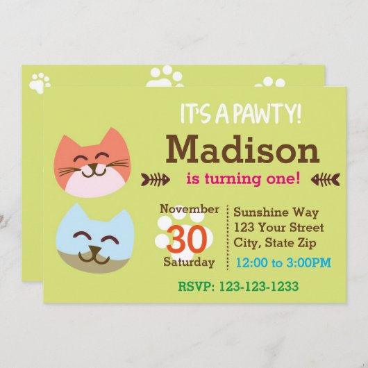 Cat Pawty Birthday Uitnodiging (Voorkant / Achterkant)
