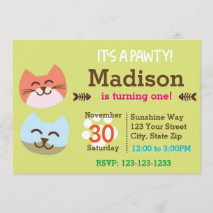 Cat Pawty Birthday Uitnodiging